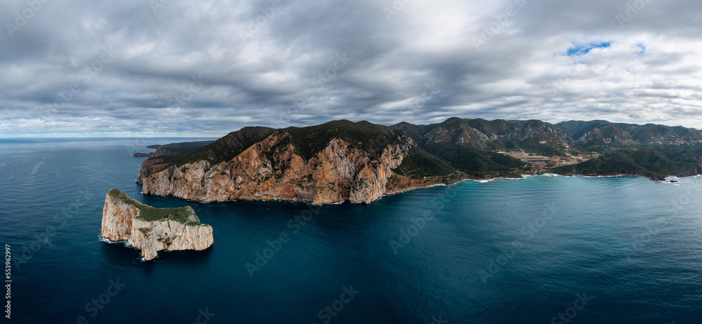 Fototapeta premium panorama landscape of the cliffs and sea stacks at Porto Flavia on Sardinia
