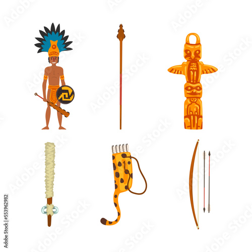 Maya Civilization Ethnic Symbols with Warrior Holding Shield and Bludgeon, Bow with Arrow and Animal Totem Vector Set