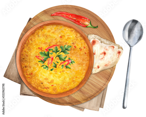 Lentil soup with flatbread chapati in a ceramic bowl watercolor photo