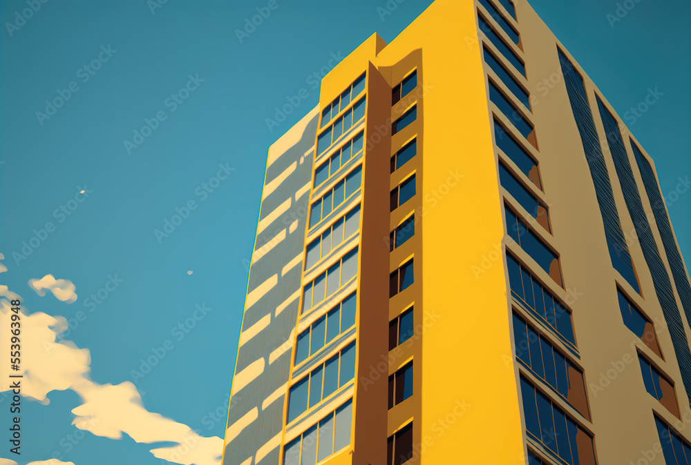 image of a brown and light yellow building vertically against a blue sky. Generative AI