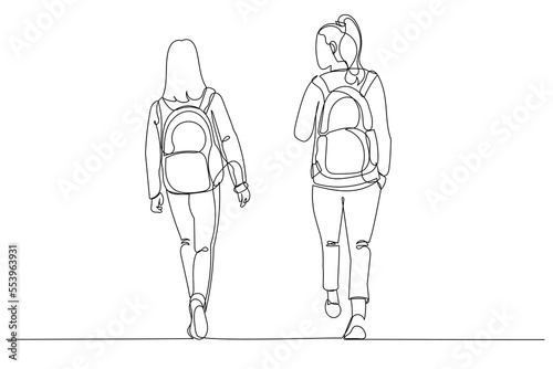 Illustration of rear view of two college classmates leaving the university. Single line art style