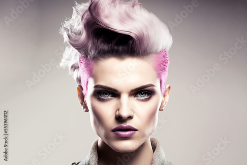 Beautiful woman with modern multi coloured hairstyle. model pose with funky hair. Generative ai
