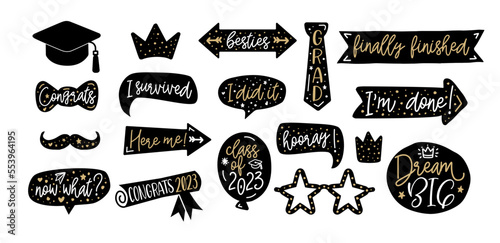 Graduation party photo booth set. Props with Class of 2023. Selfie frame. DIY kit for graduation party. Decorations party supplies. Gold and black vector illustration. Graduate photo booth.