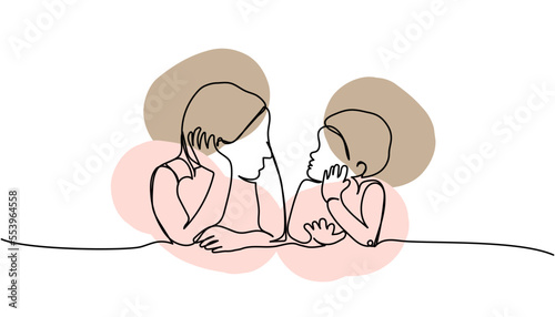 Mom with daughter, son one line art with colorful elements. Continuous line drawing of motherhood, family, love, child, communication, family portrait, mother s day, lifestyle.