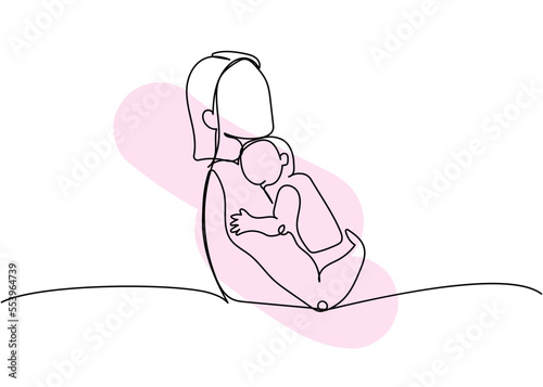 Mom rocking the baby in her arms one line art with colorful elements. Continuous line drawing of newborn, motherhood, family, love, child, care, childhood, pleasant worries, children sleep.