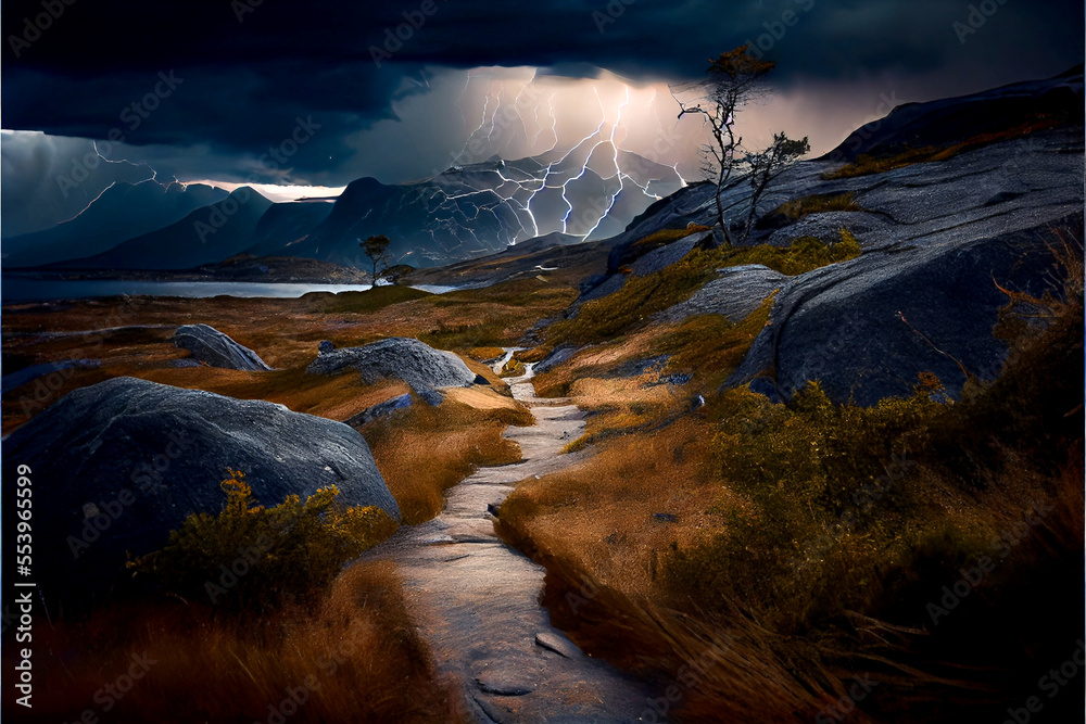 Generative AI abstract render of an alpine fantasy landscape in a thunderstorm Generative AI abstract render of an alpine fantasy landscape in a thunderstorm