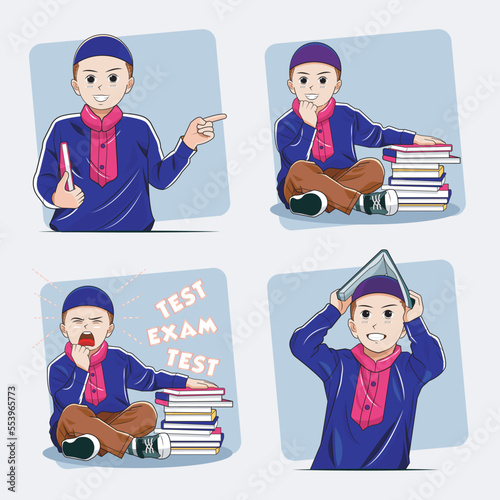Set of learning muslim student activity characters. 
Set of school boys doing daily activities flat vector characters 