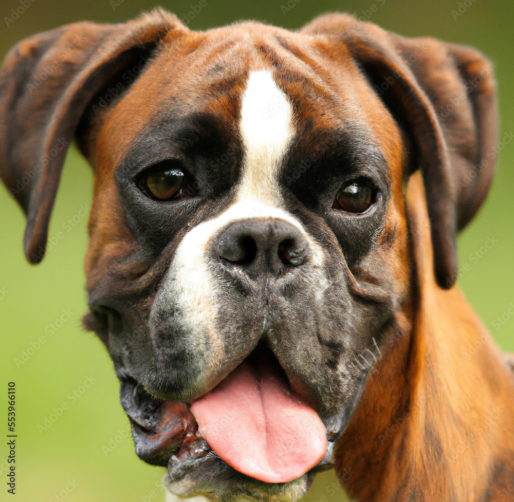 Close up of cute brown and black boxer dog over green background created using Generative AI technology Close up of cute brown and black boxer dog over green background created using Generative AI technology