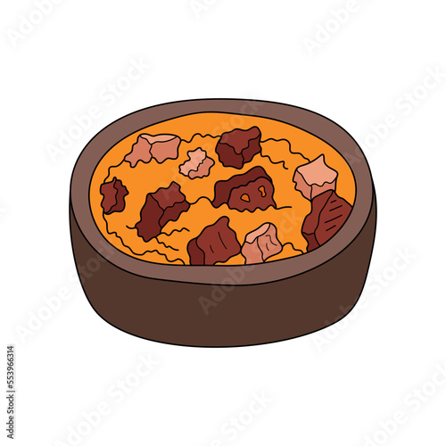 Kapama is spicy stew meats. Bulgarian traditional food. Vector hand-drawn illustration. Design element for menu cafe, bistro, restaurant.