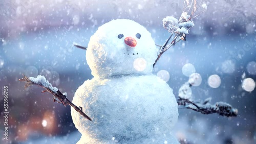 little snowman standing in falling snow, Christmas scene. Loop 18 seconds..