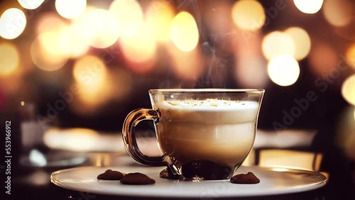 A mug of hot milk, coffee on a bokeh moving background. Moving falling snow. Loop