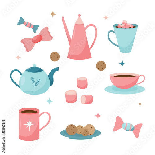 Set of tea utensils and treats in a flat style. Pink and blue colors. Teapot, mugs, cup of cocoa, plate, cookies, marshmallows, sweets