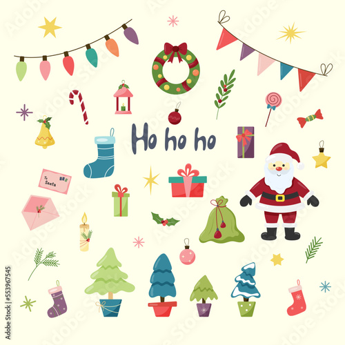Set of christmas and new year elements in flat style. Santa Claus, wreath, ho ho ho, potted Christmas trees, gifts, gift bag, candle, flashlight, garland, flags, bell, socks, letter to Santa Claus