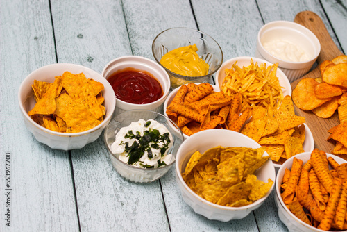 Spicy tortilla chips and sauces