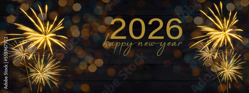 Sylvester, New Year's Eve, Happy new Year 2026 Party, Firework celebration background banner - Golden fireworks and bokeh lights on black wooden wall texture in the night