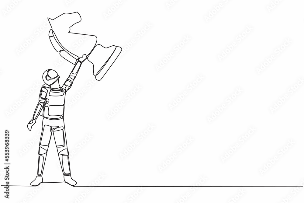 Single continuous line drawing of astronaut lifting up horse knight chess piece in moon surface. Space company tactics and strategies. Cosmonaut deep space. One line graphic design vector illustration Single continuous line drawing of astronaut lifting up horse knight chess piece in moon surface. Space company tactics and strategies. Cosmonaut deep space. One line graphic design vector illustration