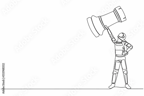 Single continuous line drawing young astronaut standing and lifting up rook chess piece. Win in the space cruising race. Cosmonaut deep space. Dynamic one line draw graphic design vector illustration