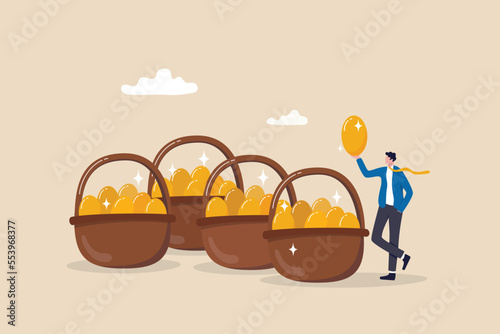 Diversification, investment portfolio strategy to reduce risk and maximize return, earning and profit, asset allocation concept, businessman holding golden eggs diversify by putting in many baskets.