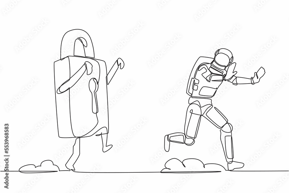 Continuous one line drawing young astronaut being chased by padlock. Afraid with spaceship company security or business protection. Cosmonaut outer space. Single line draw design vector illustration Continuous one line drawing young astronaut being chased by padlock. Afraid with spaceship company security or business protection. Cosmonaut outer space. Single line draw design vector illustration