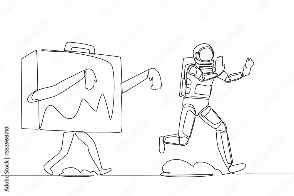 Single continuous line drawing of young astronaut being chased by briefcase. Afraid with evaluation of spaceship project performance. Cosmonaut deep space. One line graphic design vector illustration Single continuous line drawing of young astronaut being chased by briefcase. Afraid with evaluation of spaceship project performance. Cosmonaut deep space. One line graphic design vector illustration
