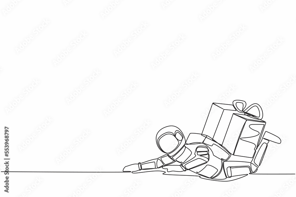 Single one line drawing of young astronaut under heavy gift box burden in moon surface. Shipping problem inter galactic connection. Cosmic galaxy space. Continuous line draw design vector illustration Single one line drawing of young astronaut under heavy gift box burden in moon surface. Shipping problem inter galactic connection. Cosmic galaxy space. Continuous line draw design vector illustration