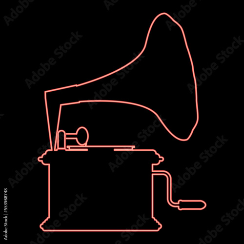 Neon phonograph Gramophone vintage Turntable for vinyl records red color vector illustration image flat style