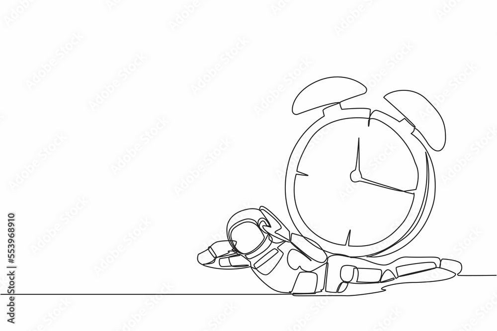 Single one line drawing of young astronaut under heavy alarm clock burden in moon surface. Work pressure at spaceship business project. Cosmic galaxy space. Continuous line design vector illustration Single one line drawing of young astronaut under heavy alarm clock burden in moon surface. Work pressure at spaceship business project. Cosmic galaxy space. Continuous line design vector illustration