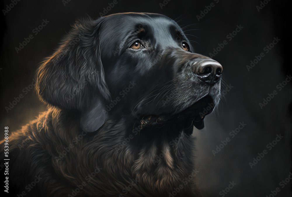 a happy looking portrait of a large black dog against a dark backdrop. Generative AI a happy looking portrait of a large black dog against a dark backdrop. Generative AI
