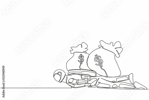 Single continuous line drawing young astronaut under heavy money bag burden. Financial crisis in spaceship industry due to pandemic. Cosmonaut deep space. One line design vector graphic illustration