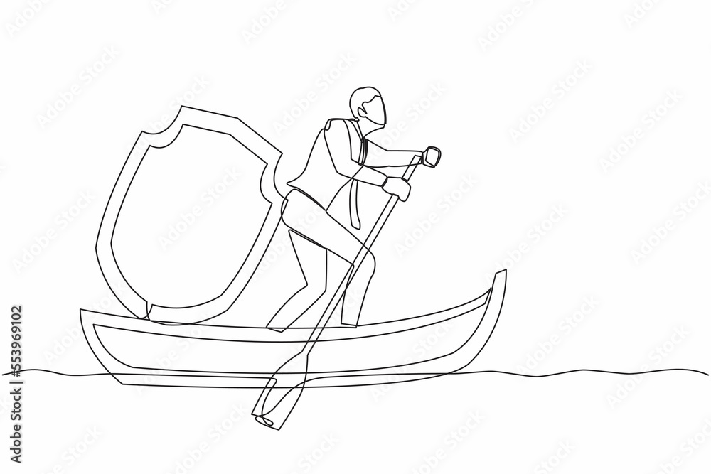 Single continuous line drawing businessman sailing away on boat with protect shield. Business protection and precaution financial crime. Online security guard. One line draw design vector illustration
