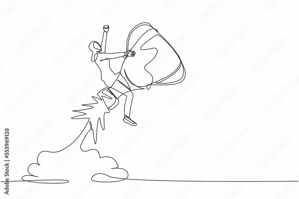 Single continuous line drawing Arabian businesswoman riding trophy rocket flying in the sky. Accelerate business strategy to win competition. Achievement goal. One line draw design vector illustration