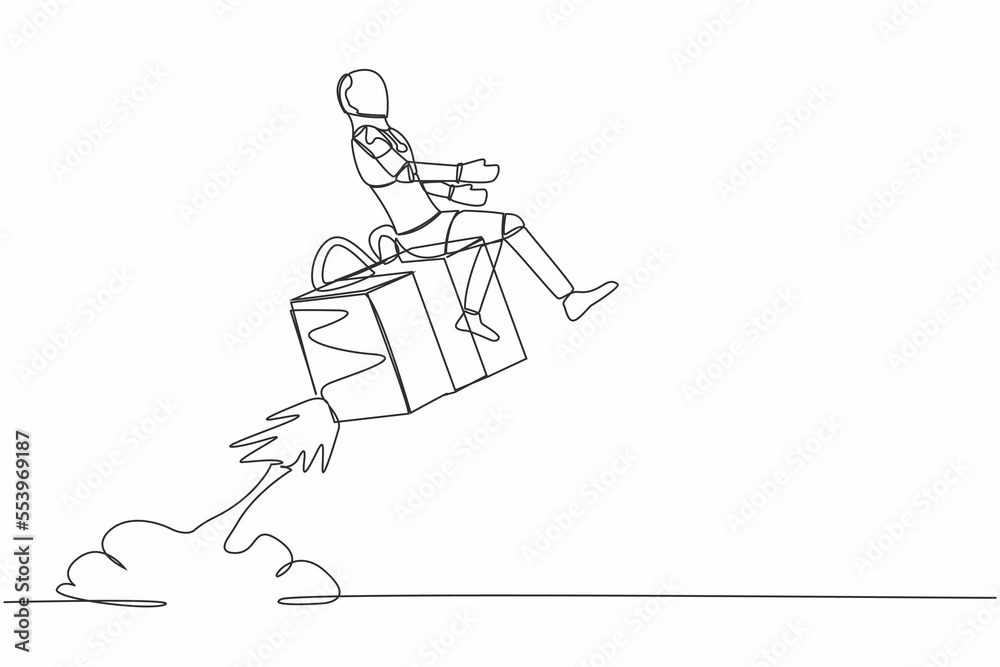Single continuous line drawing robot riding gift box rocket flying in sky. Fast shipping or delivery. Future technology development. Artificial intelligence. One line draw design vector illustration Single continuous line drawing robot riding gift box rocket flying in sky. Fast shipping or delivery. Future technology development. Artificial intelligence. One line draw design vector illustration