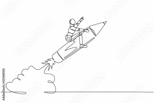 Single continuous line drawing robot riding pencil rocket flying in the sky. Tech education and creativity. Future technology development. Artificial intelligence. One line design vector illustration