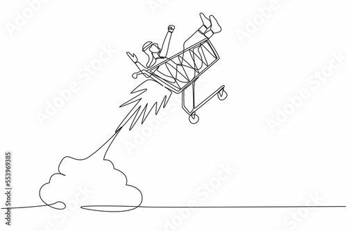 Continuous one line drawing happy Arab businessman riding shopping trolley rocket flying in the sky. Concept of supermarket, spare time, leisure, vacation. Single line draw design vector illustration © Simple Line