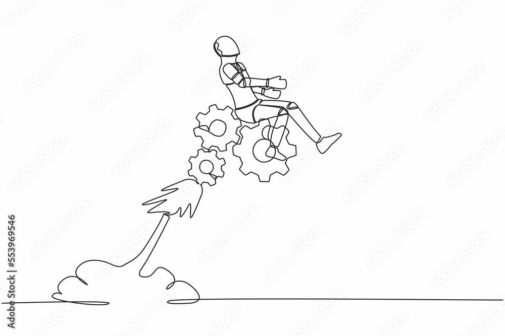Single one line drawing robot riding gear rocket flying in the sky. Problem solving with tech mechanisms. Robotic artificial intelligence technology. Continuous line design graphic vector illustration Single one line drawing robot riding gear rocket flying in the sky. Problem solving with tech mechanisms. Robotic artificial intelligence technology. Continuous line design graphic vector illustration