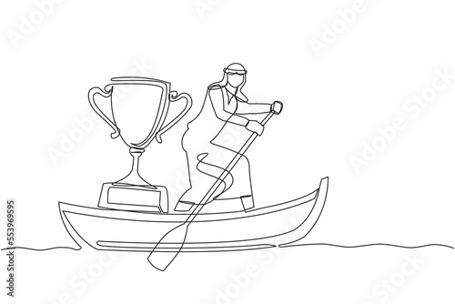 Single continuous line drawing Arabian businessman sailing away on boat with trophy. Sailing world championship award. Winning water sport competition one line draw graphic design vector illustration
