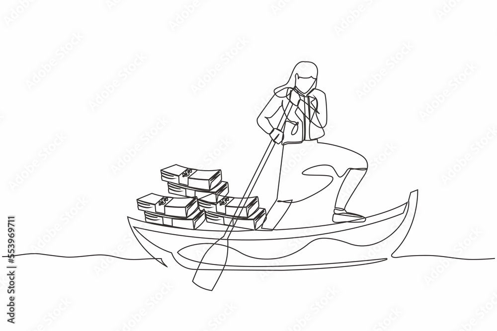 Single continuous line drawing businesswoman sailing away on boat with pile of banknote. Escape with money. Financial crime, tax evasion, money laundering. One line graphic design vector illustration Single continuous line drawing businesswoman sailing away on boat with pile of banknote. Escape with money. Financial crime, tax evasion, money laundering. One line graphic design vector illustration