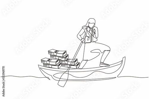 Single continuous line drawing businesswoman sailing away on boat with pile of banknote. Escape with money. Financial crime, tax evasion, money laundering. One line graphic design vector illustration