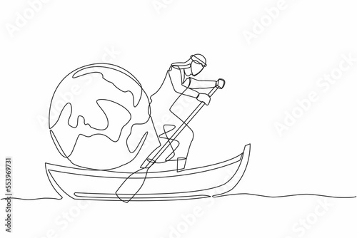 Continuous one line drawing of Arabian businessman sailing away on boat with globe. Tourism or business travel concept. Office worker take vacation trip. Single line design vector graphic illustration