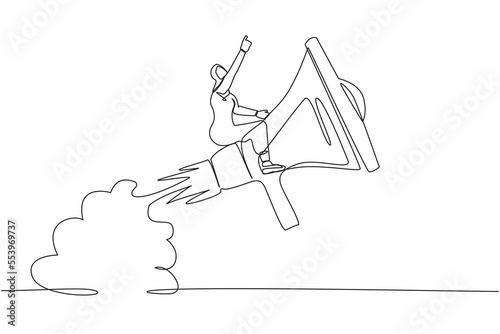 Single continuous line drawing Arab businesswoman riding megaphone rocket flying in the sky. Storytelling with precise message. Soft skill to communicate. One line graphic design vector illustration