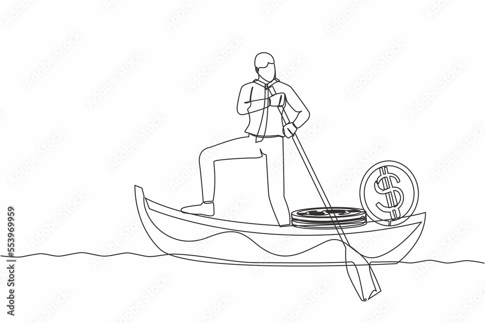 Continuous one line drawing businessman standing in boat and sailing with pile of dollar coins. Criminal stole golden coins from bank. Escape with money. Single line design vector graphic illustration