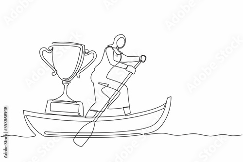 Single continuous line drawing Arab businesswoman standing in boat and sailing with trophy. Water sports competition. Sailing championship recognition award. One line draw design vector illustration