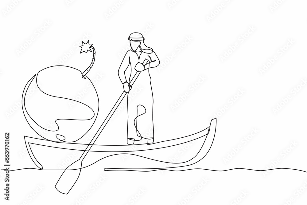 Single continuous line drawing Arab businessman sailing away on boat with bomb. Office worker fired from companies due to exploding world financial crisis. One line graphic design vector illustration Single continuous line drawing Arab businessman sailing away on boat with bomb. Office worker fired from companies due to exploding world financial crisis. One line graphic design vector illustration