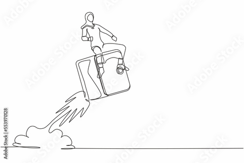 Single one line drawing Arab businesswoman riding safe deposit box rocket flying in sky. Keeping money in bank, protecting savings in safe. Secure finance. Continuous line design vector illustration