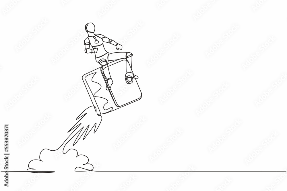 Single continuous line drawing robot riding safe deposit box rocket flying in the sky. Cash protection at tech business. Future technology development. One line draw graphic design vector illustration Single continuous line drawing robot riding safe deposit box rocket flying in the sky. Cash protection at tech business. Future technology development. One line draw graphic design vector illustration