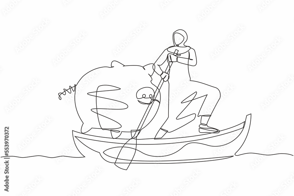 Single continuous line drawing Arabian businesswoman standing in boat and sailing with piggy bank. Economy purposes saving money is very important. Smart investor. One line design vector illustration