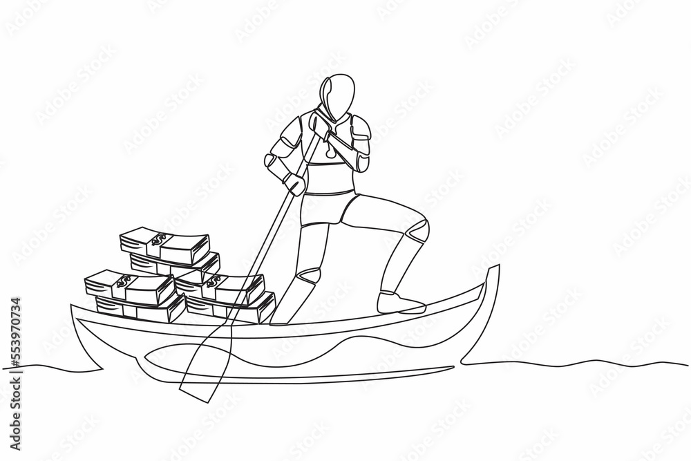 Single one line drawing robot sailing away on boat with pile of banknote. Digital financial crime or money laundering. Robotic artificial intelligence. Continuous line draw design vector illustration