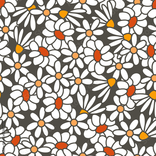 Daisy White Flowers on Black Background Vector Seamless Pattern