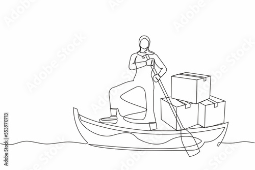 Single one line drawing Arab businesswoman standing in boat and sailing with pile of cardboard. Shipping through the ocean. Delivery and packaging. Continuous line design graphic vector illustration
