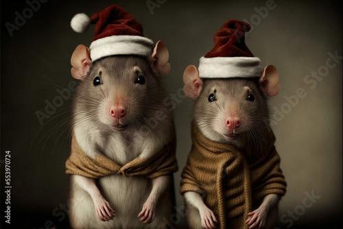 adorable tiny cute rats in christmas outfits on Christmas background.generative ai.